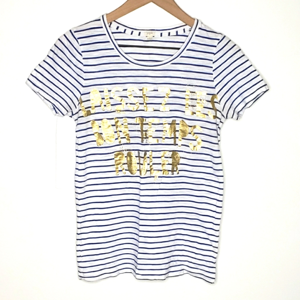 J. Crew Factory T-shirt Small White Blue Stripes Mardi Gras Crewneck Tee